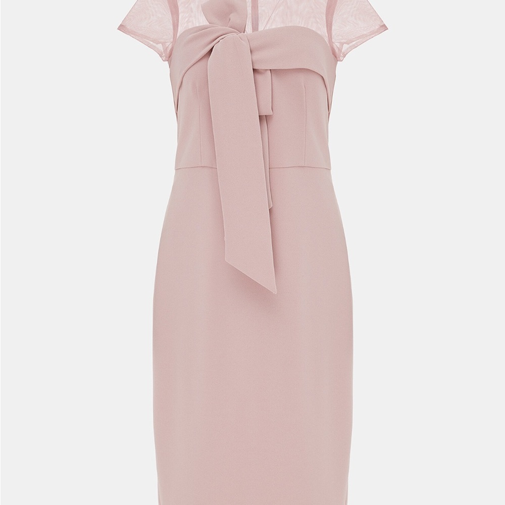 JS collection illusion pink. Elegant Dusty Pink Sheath Dress with Front Tie